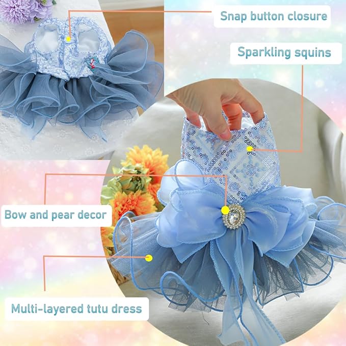 ANIAC Blue Cat Wedding Dress with Bow Knot Dog Wedding Outfit Formal Puppy Clothes for Girl Small Dog Luxury Pet Party Dress for Kitten Chihuahua Yorkie Pomeranian (Blue-2, Small)