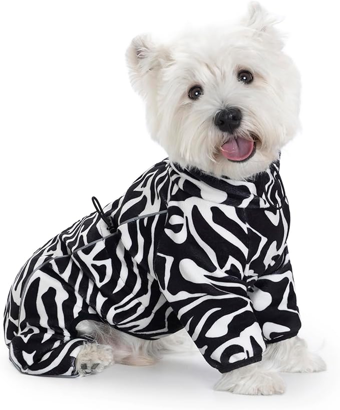Fleece Dog Coat for Small Medium Dog,Pullover Pajamas Jumpsuit Bodysuit Puppy Coats with Legs, Pet Windproof Warm Cold Weather Jacket Full Body Vest Cozy Snowsuit Outfit Clothes (Zebra Striped, XXL)