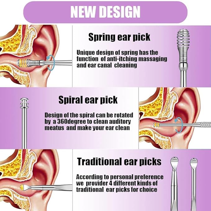 6 Pcs Ear Pick Ear wax Removal Kit Cleansing Tool Set Curette Cleaner 360° Spiral Design Canal Cleaner Stainless Steel,with a Storage Box Portable Kit for Home and Travel(Purple) 11.7*2.8*2cm
