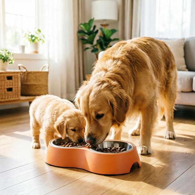 Large Orange Double Pet Bowl – Non-Slip Stainless Steel Food & Water Set for Medium/Large Dogs & Multiple Cats, BPA-Free Mess-Free Feeding Dishes
