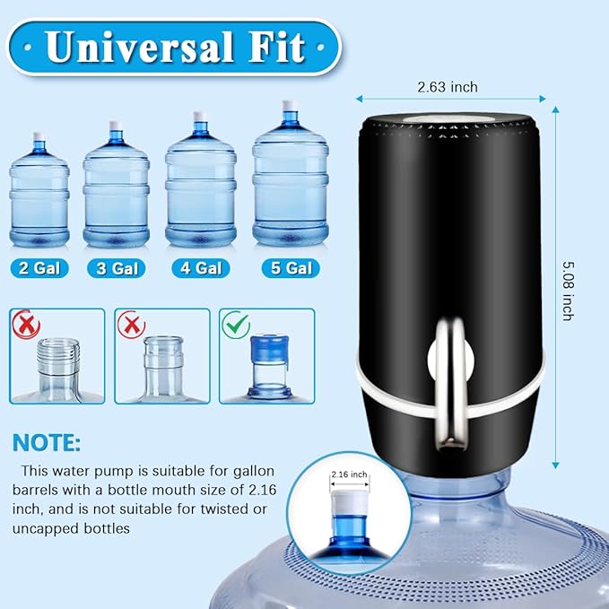 Water Dispenser for 5 Gallon Bottle, Electric Water Pump for 5 Gallon Jug with Switch and USB Charging, Portable Automatic Water Jug Dispenser for Camping, Travel, Home, Kitchen, Office