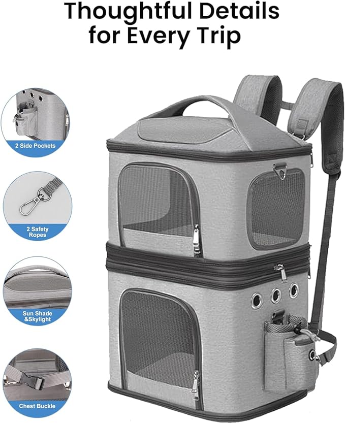 HOVONO Detachable Double Pet Carrier Backpack for Cats and Small Dogs, Cat Travel Carrier for 2 Cats(Up to 16 lbs Each), Perfect for Traveling/Hiking/Camping, Grey