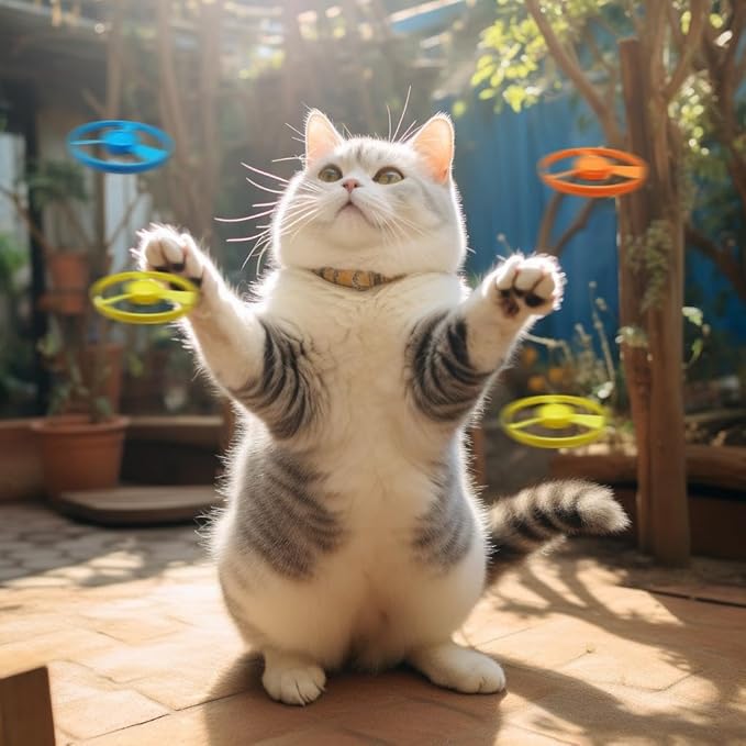 Cat Fetch Toy, Interactive Flying Cat Toy with 20 Flying Propellers, Kitten Tracks Toy for Training Hunting Chasing(Yellow)