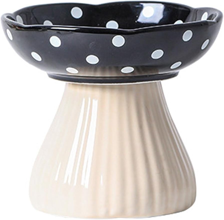 Mushroom Elevated Cat Bowls Ceramic, Raised Cat Bowl for Indoor Cats, Cute Cat Bowls Whisker Fatigue, Raised Dog Bowls Stand for Food and Water, Black 6" Wide for Adult Cats