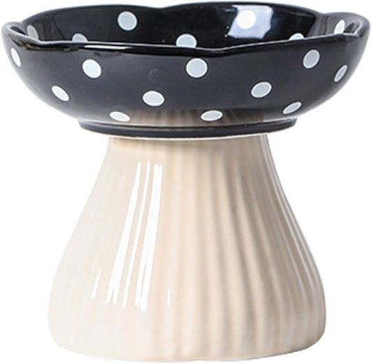 Mushroom Elevated Cat Bowls Ceramic, Raised Cat Bowl for Indoor Cats, Cute Cat Bowls Whisker Fatigue, Raised Dog Bowls Stand for Food and Water, Black 6" Wide for Adult Cats