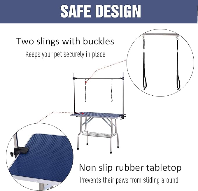 Pet Dog Grooming Table, Foldable Stainless Steel Pet Drying Grooming Table Up to 330lbs, Professional Bathing Desk for Dogs at Home with Adjustable Overhead Arms, Noose, Mesh Tray, 36''/Blue