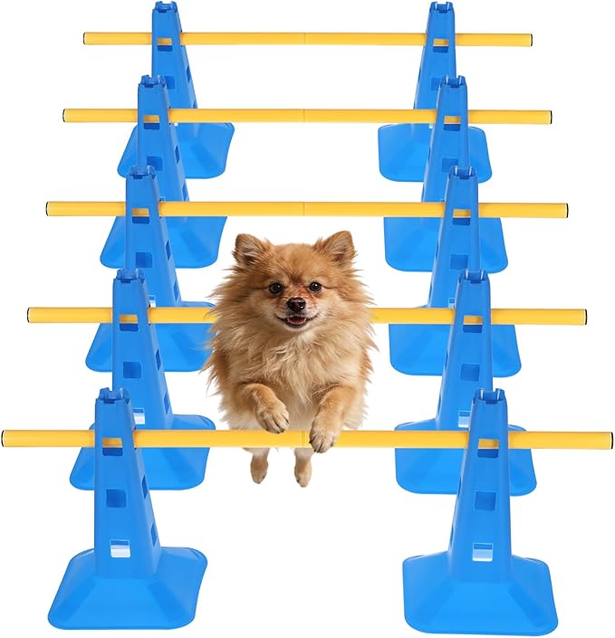 Dog Agility Hurdle Cone Set, Dog Agility Course Backyard Set with Height Adjustable Crossbar for Rehabilitation & Beginners, Dog Agility Equipment for Obstacle Courses,4 Height Levels (10 Pack