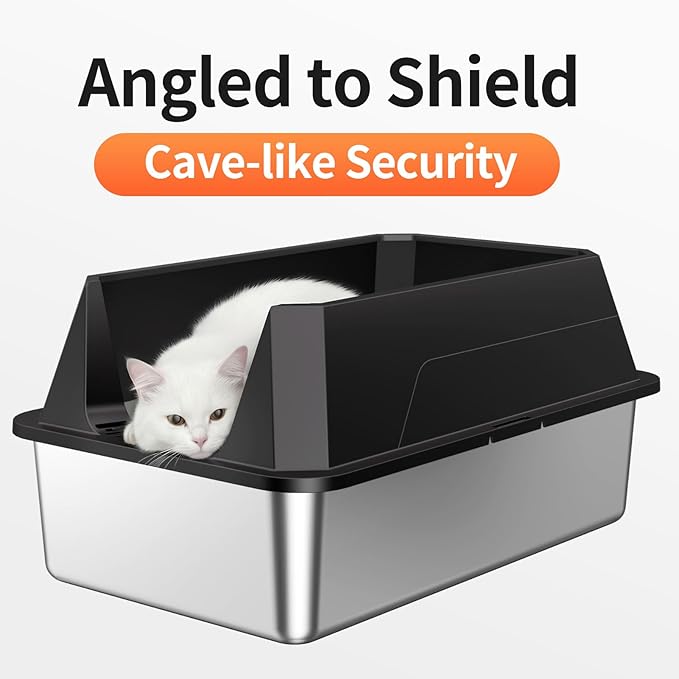 Stainless Steel Litter Box with High Sides Lid, XL High Sided Cat Litter Pan, Open Top Extra Large Metal Cat Litter Box, Non-Stick Leakproof, Litter Scoop Included, Black