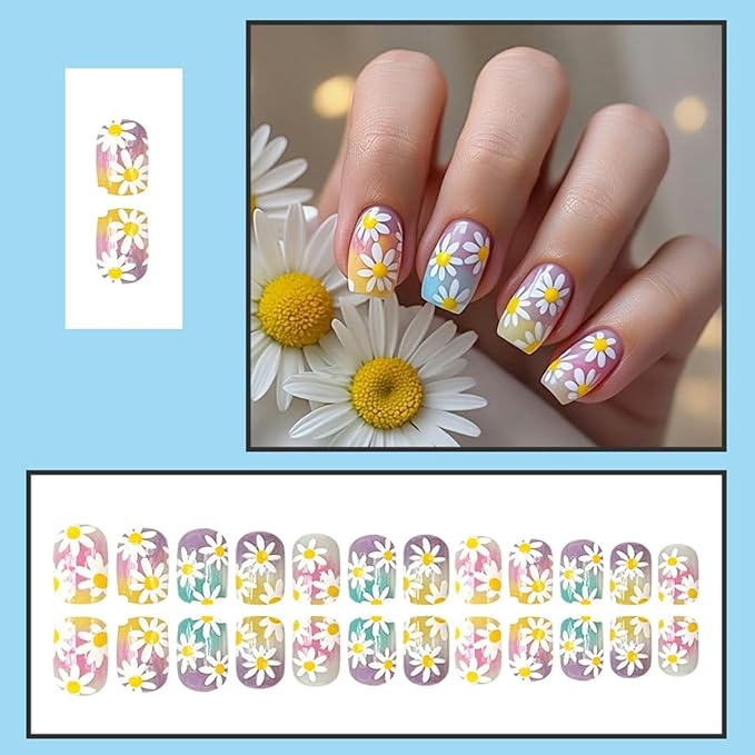 yefiuo Summer Press on Nails Short Square Ombre Fake Nails Press ons Daisy Flowers Acrylic False Nails Glue on Nails Reusable Nail Tips Kit Full Cover Stick on Nail Supplies for Women Girls 24Pcs