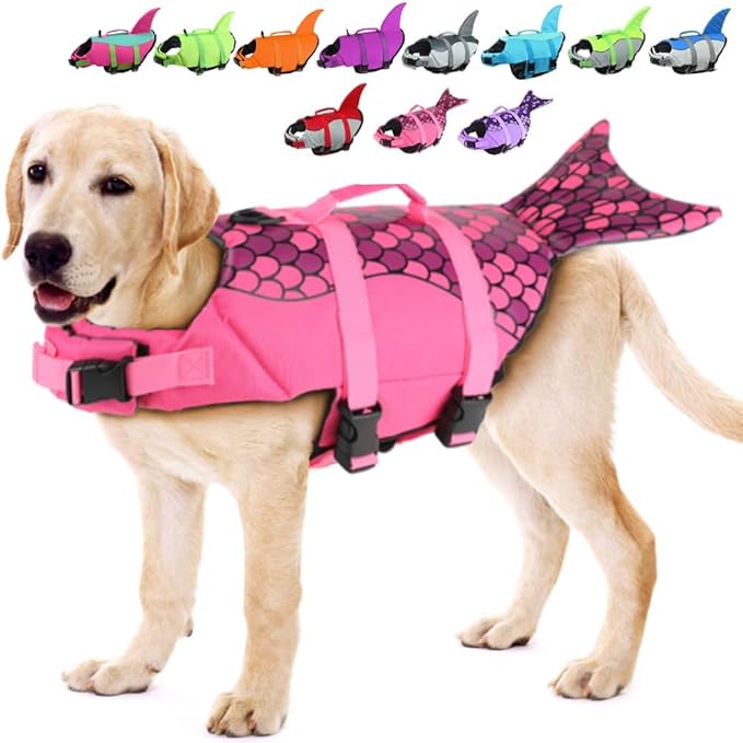 EMUST Large Dog Life Jacket, Dog Mermaid Life Vests for Swimming, Adjustable Pet Flotation Vest Swimsuits with Lift Handle for Small, Medium, Large Dogs, XL