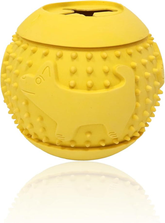 Deeow Rubber Dog Chew Toy Ball, Treat Dispenser for Pet Chewers, Food Grade TPR Teething Shell, Enrichment Puzzle, World Cup Soccer Slow Feeder Dog Toys for Dental Care and Enrichment -Yellow