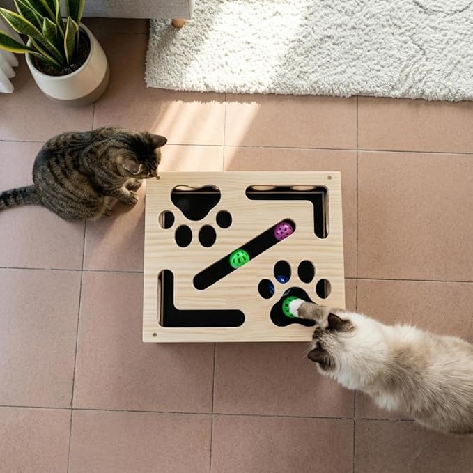 Cat Scratch Puzzle Enrichment Box, Large Solid Wood Cat Nail File Box with Sandpaper and 3 Bell Balls, Stress Free Alternative to Clippers & Grinders, Interactive Cat Toy for Indoor Cats Claw Care (A)