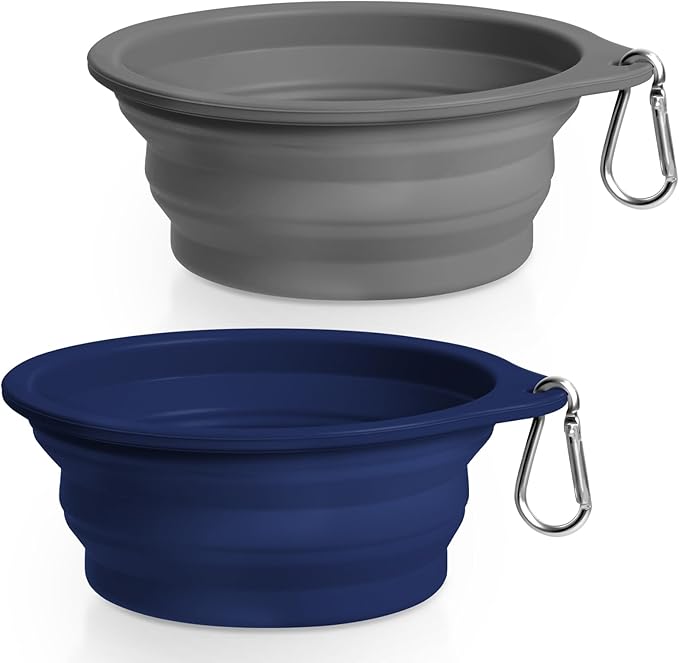 Rest-Eazzzy 2-Pack Silicone Collapsible Dog Bowls, BPA Free Dishwasher Safe, Portable Foldable Travel Bowl, Food Water Feeding Cup Dish for Dogs Cats with 2 Carabiners (Grey, Navy, 550 ML)