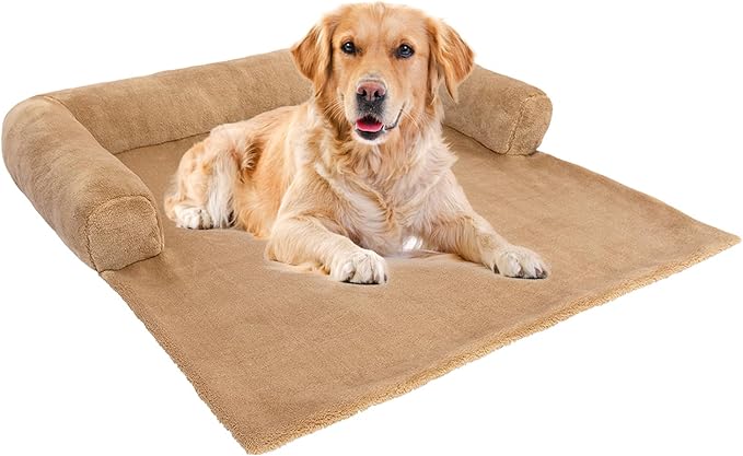Orthopedic Dog Bed Mat for Large Dogs, Washable Sofa Protector Pet Bed with 3-Sided Bolster, Shredded Memory Foam & Plush Support, Non-Slip Bottom for Medium & Small Dogs (Tan)