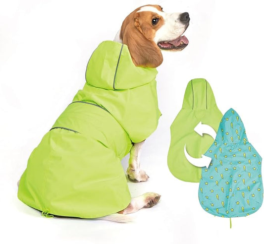 Kimee Dog Raincoat Reversible, Single Side Slicker Poncho Adjustable Waterproof Dog Rain Jacket with Leash Hole/Reflective Stripe Hooded Snowproof Windproof Clothes for Medium to 2X Large Dogs, XL