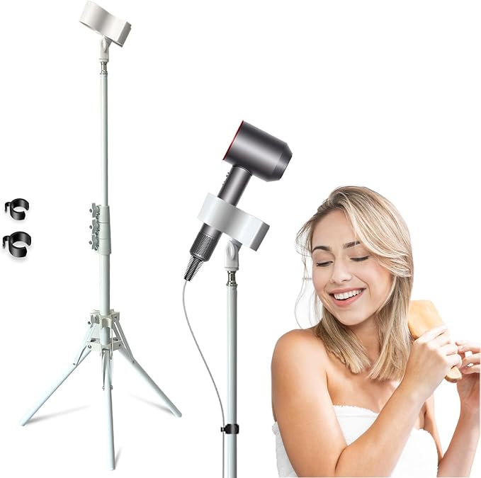 Purple River Hair Dryer Stand 20" to 63" Adjustable Blow Dryer Holder with Tripod and Universal Clip, Easy to Use, Hands Free Relieve Wrist Pain, Shoulder Periarthritis etc (White)