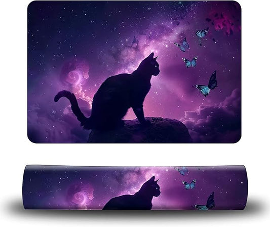 Dog Food Mat, 19.6" x 23.6" Absorbent Pet Feeding Mat for Food and Water, Waterproof Diatom Mud Pet Placemat with Non-Slip Rubber Backing, Cat Bowl Mat for Floors - Purple Cat Butterfly