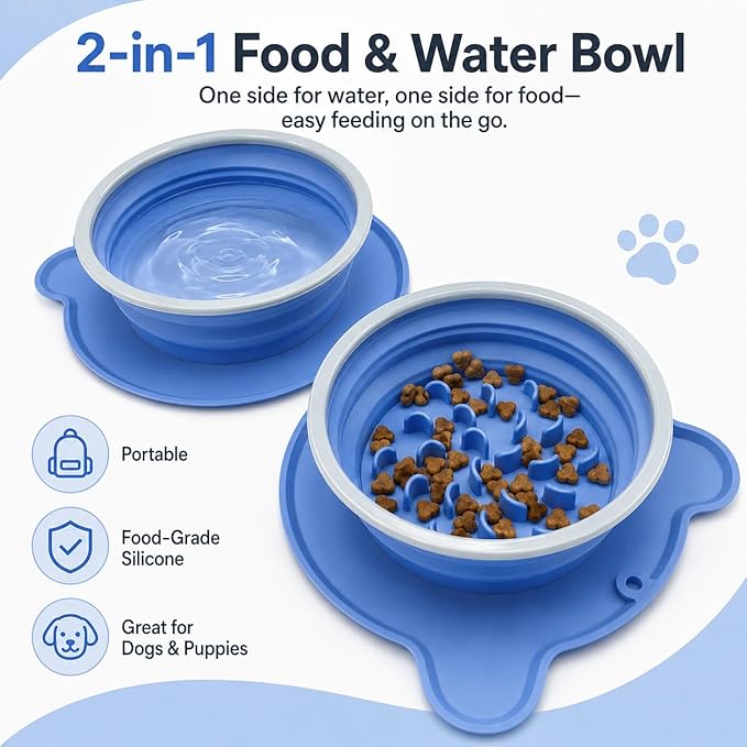 Collapsible Dog Bowls, 2-in-1 Silicone Pet Food and Water Bowl with Carabiner - Portable Double Compartment Travel Dish for Dogs, Ideal for Camping, Hiking, Car Rides, Puppy Essentials (Blue)