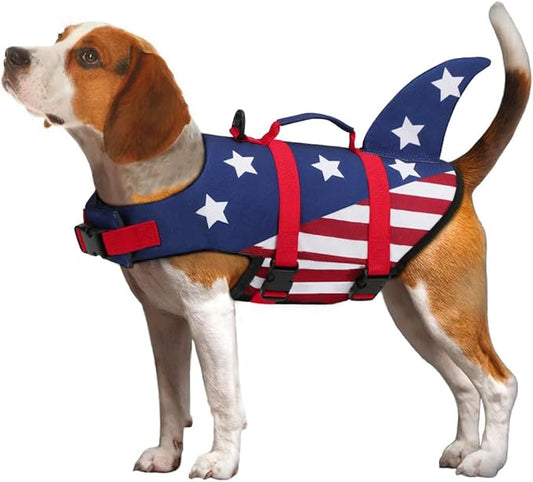 EMUST Dog Life Vests, Dogs Floats for Swimming, Boat, Pool, Ripstop Dog Life Jacket with High Buoyancy and Lift Handle for Small and Medium Breeds, (M,StarFlag)