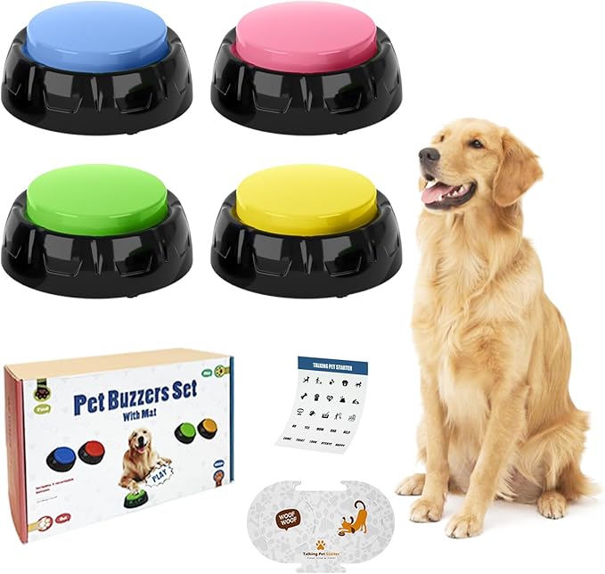 Dog Buttons for Communication, 4 PCS Talking Button for Cats and Dogs, 30 Second Voice Recordable Pet Training Buzzer with Waterproof Mat 25 Scene Stickers
