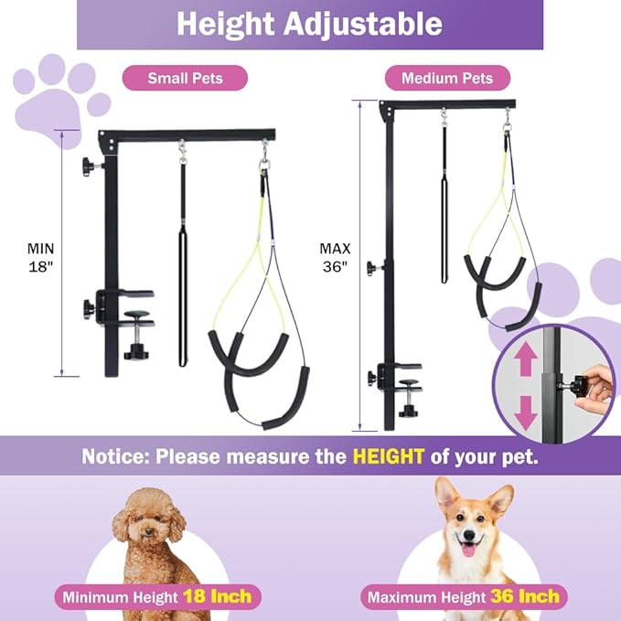 AGESISI Dog Grooming Arm with Clamp, Heavy Duty Pet Grooming Table Arm with Grooming Hammock, Loop Noose & Two No-Sit Haunch Holder, 36" Height Adjustable for Medium & Small Pets, Black