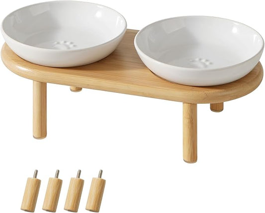 Havniva Elevated Cat Bowls Raised Ceramic Cat Bowl, 5.9” Wide Opening Cat Food Bowl Whisker Friendly Cat Dish Anti-Slip with Bamboo Stand, Shallow Pet Food & Water Bowl for Indoor Cats
