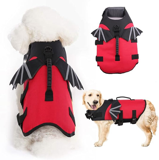 ROZKITCH Dog Life Jacket, Red Ripstop Pet Floatation Evil Life Vest for Small Middle Large Dog, Safe Durable Comfortable Adjustable Preserver with High Buoyancy for Swimming Boating at Pool Beach