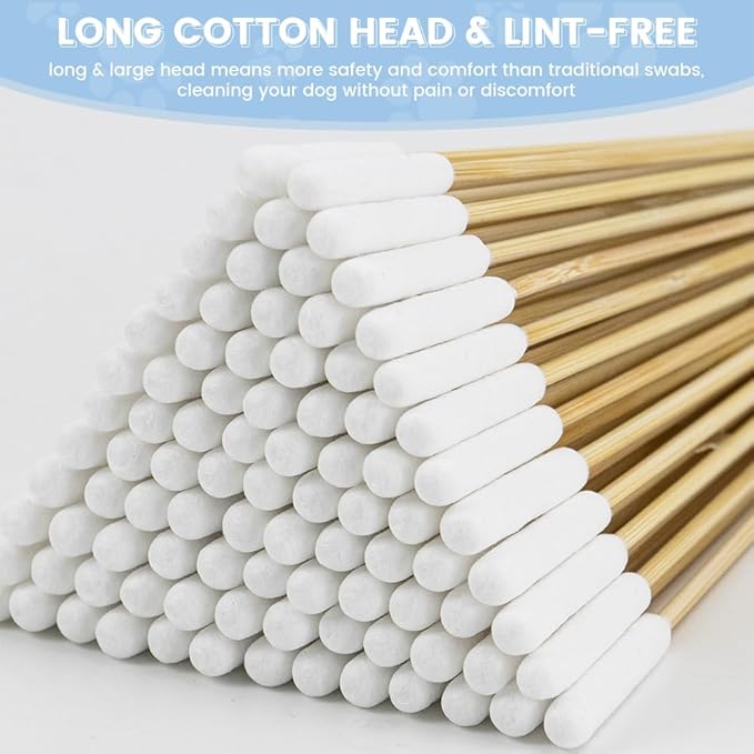 100 Pcs Dog Ear Swabs - 6 Inch Long Cotton Swabs with Absorbency Soft Cotton Tips for Dog Ear Cleaning, Sturdy Bamboo Sticks & Gentle and Lint-Free - Ideal for Pet Cleaning Solution