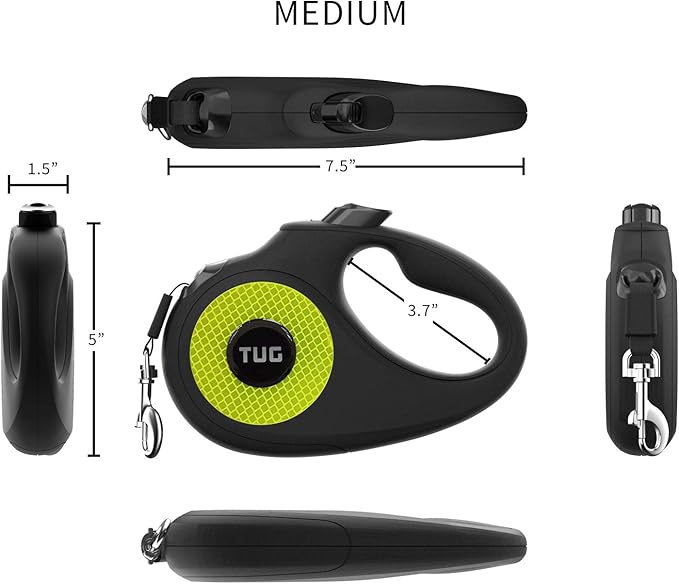 TUG 360° Tangle-Free Reflective Retractable Dog Leash | 16 ft Strong Nylon Tape (Medium)