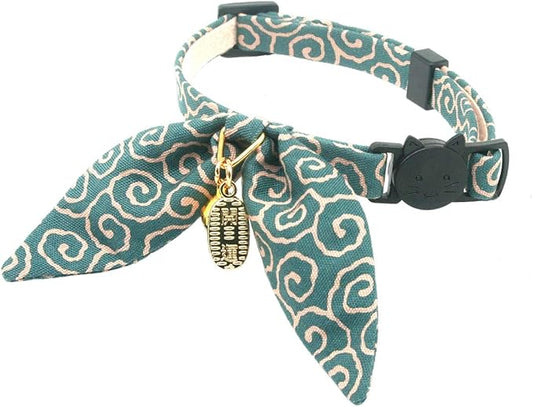 Bunny Ears Cat Collar, Japan Lucky ‘開三運’ Charm. Safety Breakaway Bowtie Kitten Collar with Bell, Light Blue