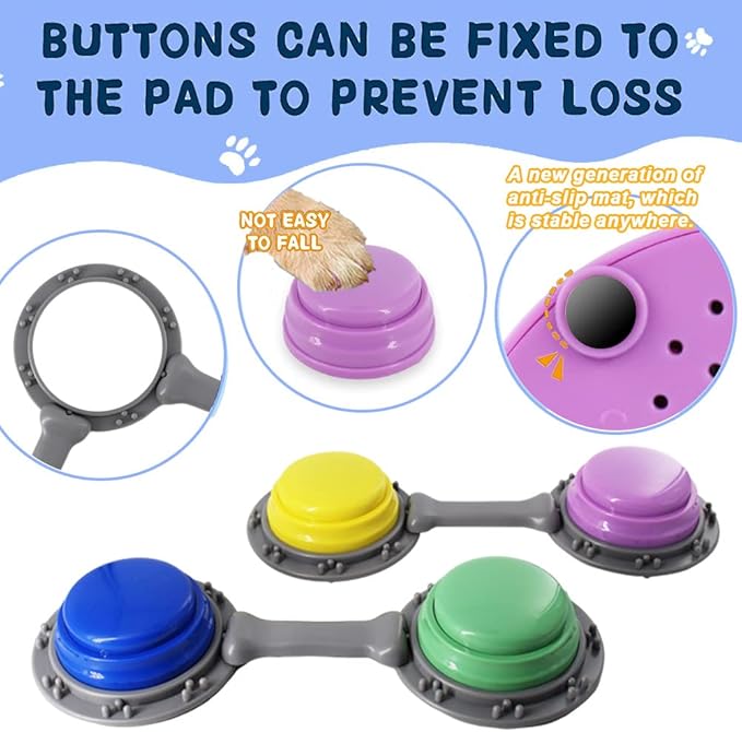 Set of 4 Talking Buttons for Cat and Dog Training, Funny Engravable Voice Command Buttons with Placement Stickers, Colorful and Customizable - Y, G, P, B