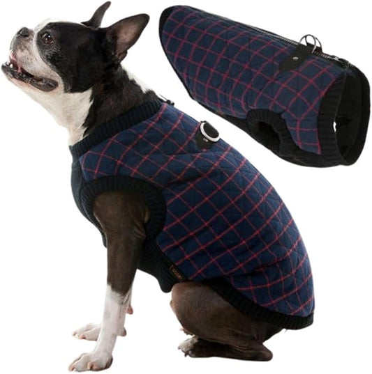 Gooby Fashion Vest Check Dog Jacket - Navy Check, Medium - Warm Zip Up Dog Bomber Vest with Dual D Ring Leash Water Resistant for Small to Medium Dogs