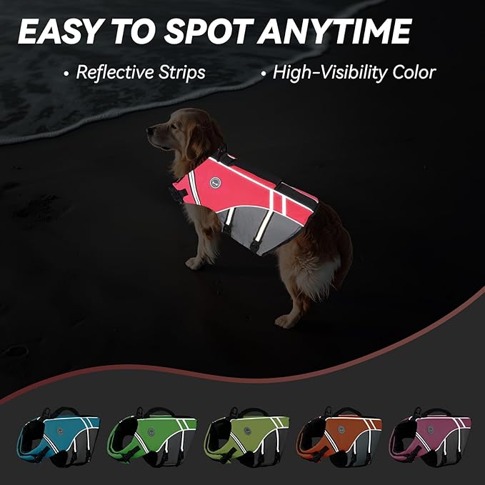 VIVAGLORY Sports Style Dog Life Vest, Dog Life Jacket for Swimming & Boating, Ripstop & Buoyancy for Puppy Doggy, Lifejacket with Handle, L, Bright Pink