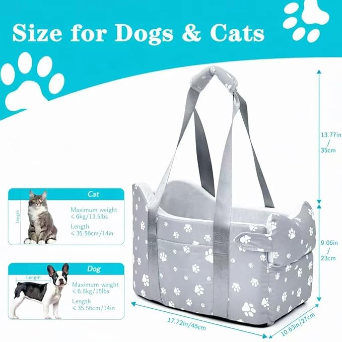 Center Console Dog Car Booster Seat for Small Dogs 0-15 lbs - Grey Pet Travel Carrier Safety Leash, Detachable Seat Belt & Storage Pockets