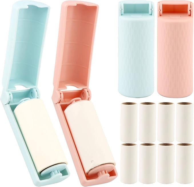 Foldable Travel Lint Roller Set, Washable Foldable Lint Remover, Portable Cleaning Roller with 4 Handles & 8 Refills, Reusable Pet Hair Remover for Clothes with Protective Cover