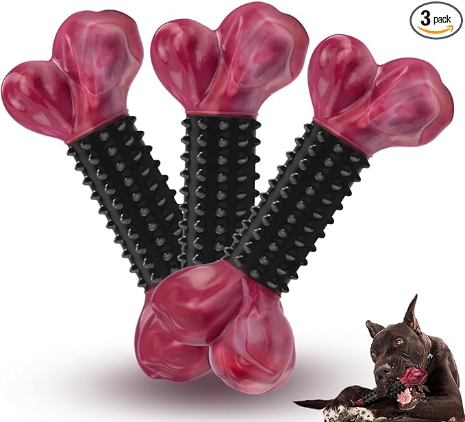 3-Pack Tough Dog Toys for Aggressive Chewers: Bacon Flavored Long Lasting Dog Bones for Large Dogs, Heavy Duty Nylon & Rubber Dog Chew Toys to Keep Them Busy, Medium & Large Breed, Black