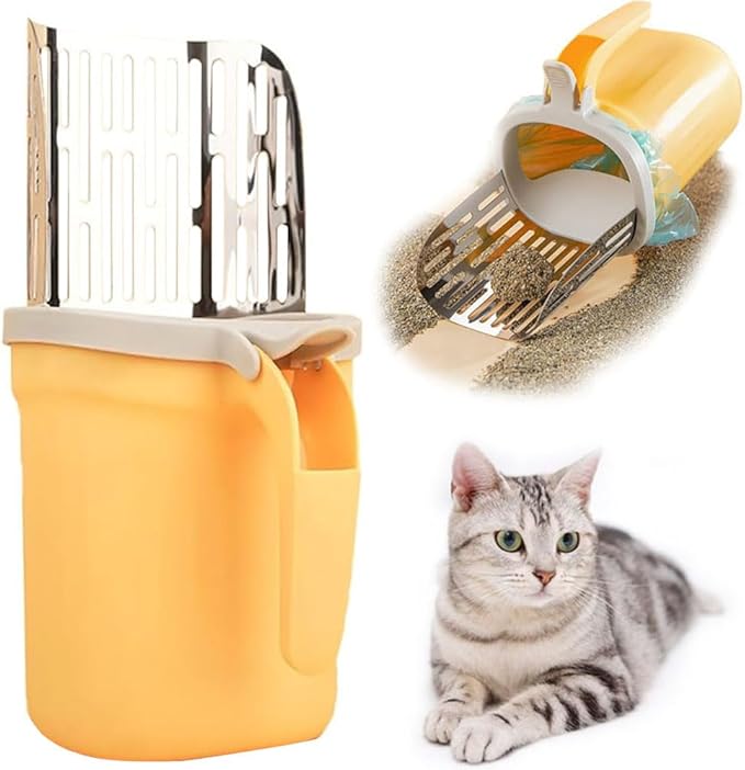 Cat Litter Scoop, Large Capacity Mess-Free Cat Litter Scooper with Bags, Spill-Proof Kitty Box Sifter, Bin Doubles as Scoop Holder (Yellow)