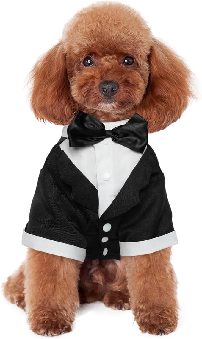 Kuoser Dog Tuxedo, Formal Dog Costume with Bow Tie Pet Wedding Suit Party Birthday Outfit, Dogs Tux Soft Shirt for Valentines Christmas Halloween Graduation Cosplay, Black 3XL