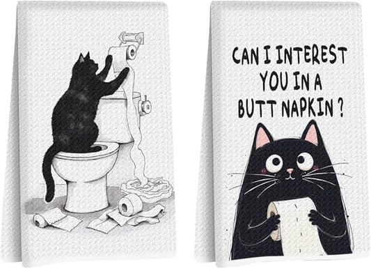 Hanamiya Na 2Pcs Funny cat Hand Towel for Bathroom 24x14 Inch, Funny Absorbent Microfiber Dish Cloth Bathroom Towel, Waffle Weave Hand Towels for Toilet Home, Cat Lover Gifts