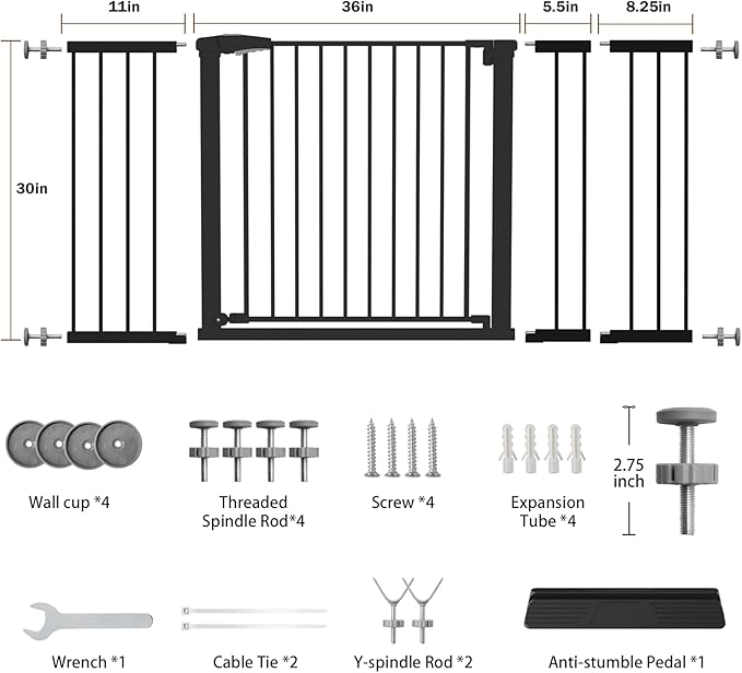 Mumeasy 36-63" Extra Wide Baby Gate for Stairs, 28.74" Walk Through Large Dog Gate for Doorways & Hallways, Auto Close Pet Gate Indoor, Pressure Mounted Child Wide Long Safety Gate for House, Black