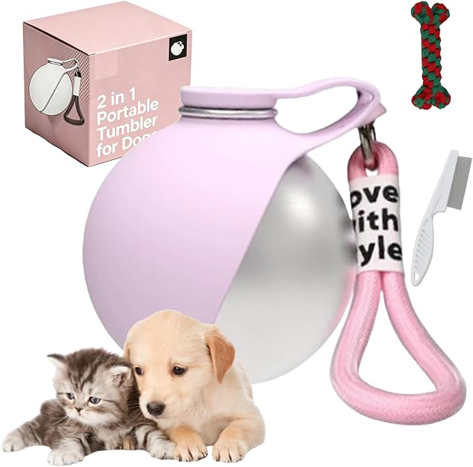 2 in 1 Portable Tumbler for Dogs – 10oz Stainless Steel Pet Water Bottle with Silicone Foldable Bowl, Portable Dog Water Bottle for Walks, for Walking, Hiking & Travel, One-Hand Operation (Pink)
