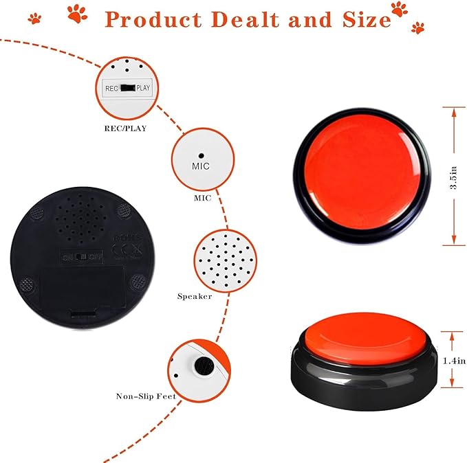 Recordable Talking Button, Dog Buttons for Communication Pet Training Buzzer, 30 Seconds Record & Playback, Funny Record Buttons for Pet, Classroom, Office, Home