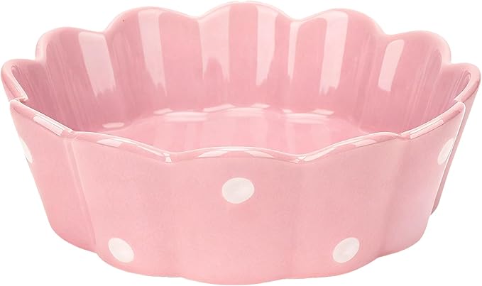 Ceramic Cat Bowl, Scalloped Edge with White Polka Dots – Pet Feeding Dish with Anti-Slip Base for Cats and Small Dogs, Pink