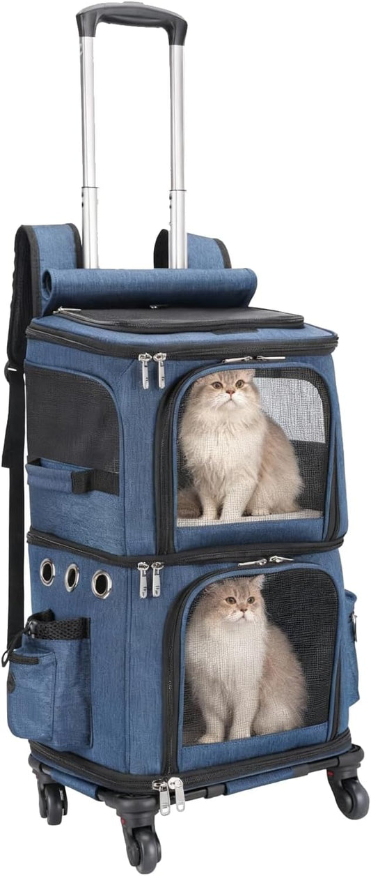 HOVONO Double-Compartment Pet Carrier Backpack with Wheels for Small Cats and Dogs, Cat Rolling Carrier for 2 Cats, Perfect for Traveling/Taking a Walk/Trips to the Vet, Blue
