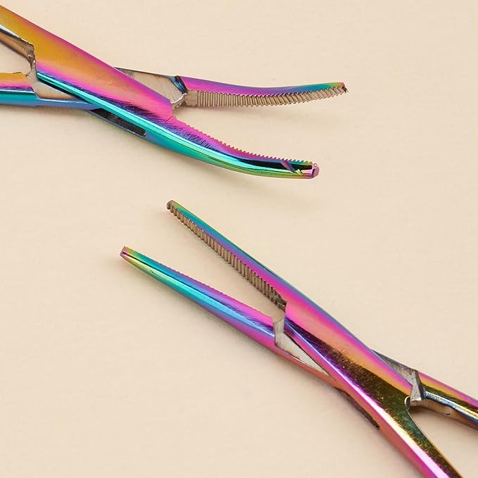Pets ears/nose hair Puller Straight & Curved full serrated, stainless steel Home Hemostat Locking Forceps, Professional pet grooming tool for cats & dogs 2pcs set （Gradient color）