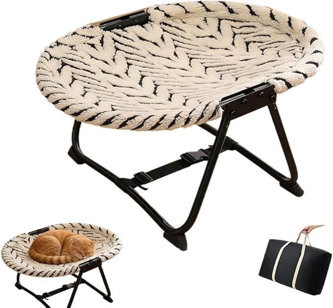 Cat Hammock, Foldable Elevated Cat Bed with Metal Frame, Raised Cats Lounge Chair, Breathable Non-Slip Fabric, Easy Maintenance, Indoor Outdoor Pet Couch for Cats Dogs Kittens (White+Black)