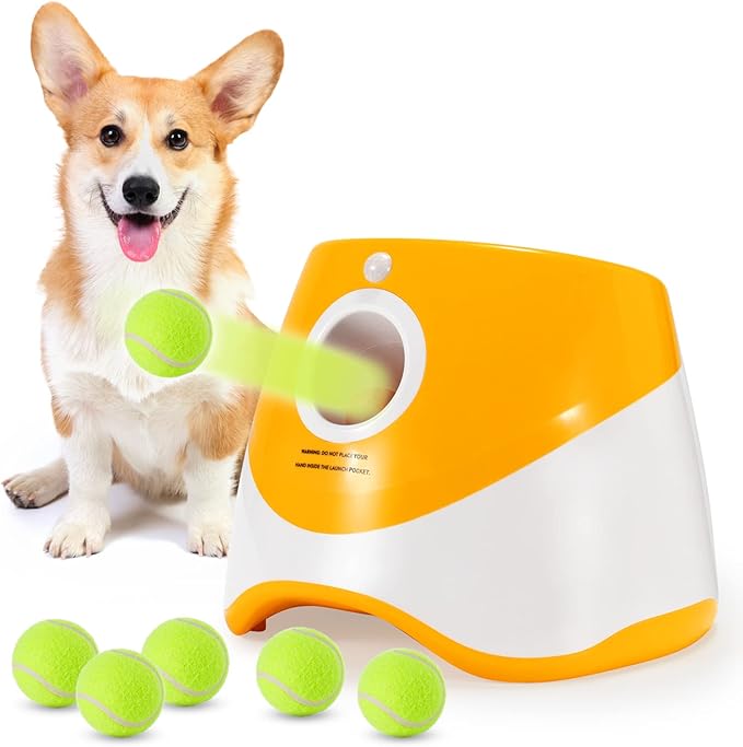 Automatic Dog Ball Launcher for Small & Medium Dogs, Interactive Dog Fetch Machine with 3 Distance Settings (10–30 ft), Mini Tennis Ball Thrower Includes 6 Balls, Indoor Outdoor Dog Toy - Orange