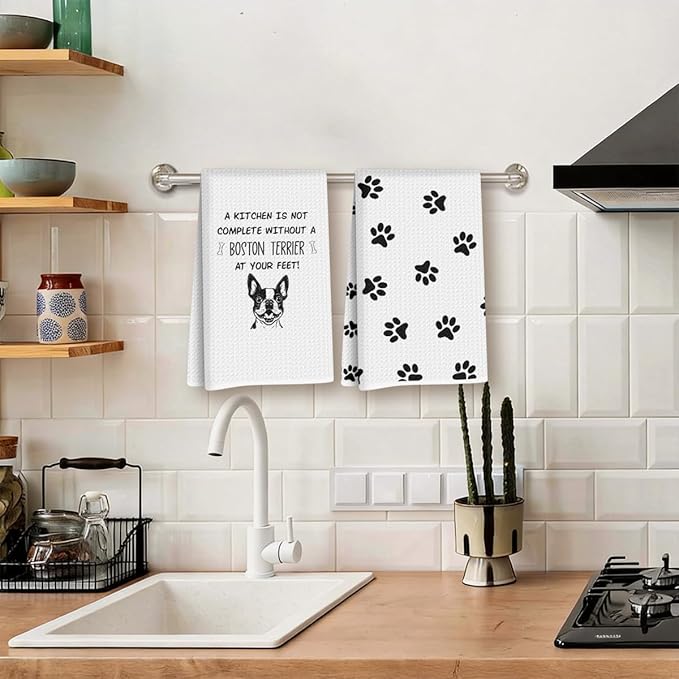 2Pcs Boston Terrier Dog Paw Kitchen Towels 24x14 Inch, Boston Terrier Gifts for Woman Mom, Reusable Waffle Weave Microfiber Absorbent Hand Tea Towels for Kitchen Bathroom Decor, Dog Lovers Gifts