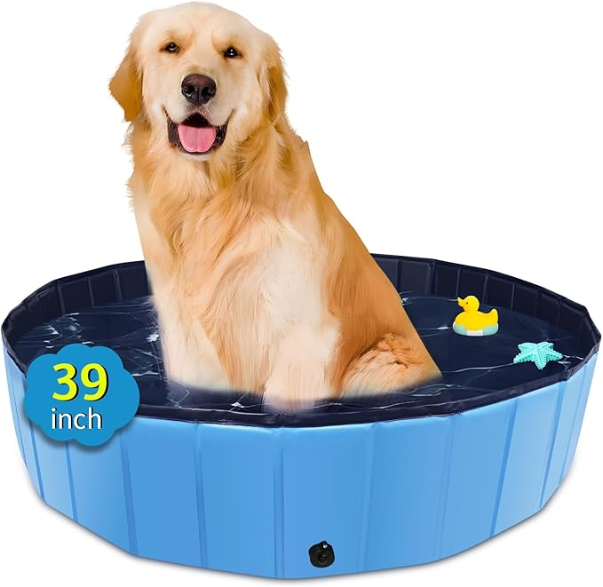 CACSPS Foldable Dog Pool, 39" x 12" Kiddie Pool with Hard Plastic, Non-Slip Dog Bath Tub for Outdoor Backyard, Collapsible Dog Swimming Pool for Kids Dogs Pets (Blue)