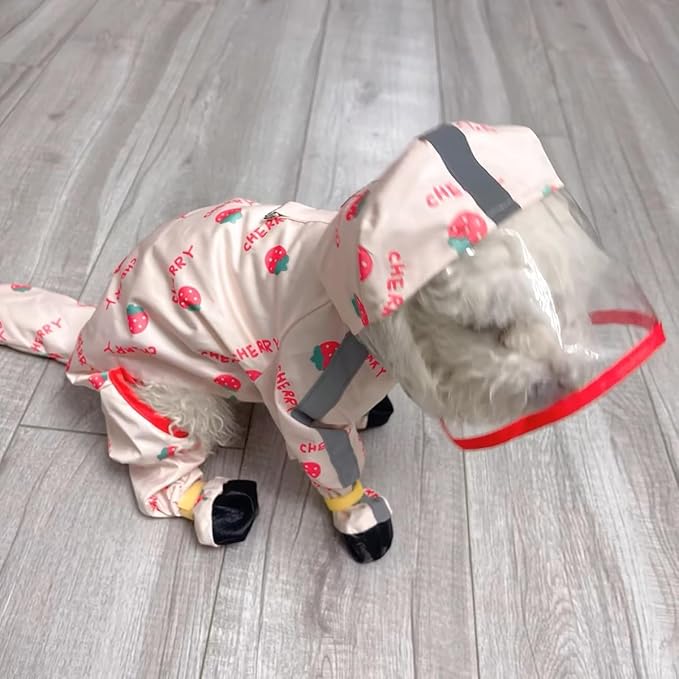 HDKUW Small Dog Raincoat & Rain Shoes Set,Full-Coverage Reflective Dog Jacket with D-Ring,Dogs Raincoat with Rain Boots Set for Puppy Small Dogs Strawberry L